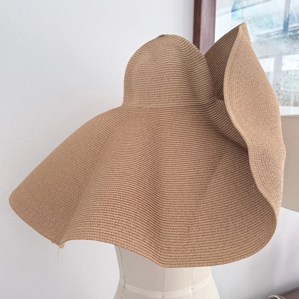 Oversized Wide Brim Floppy Sun Hat Tan Woven Straw Beach Resort Glamour